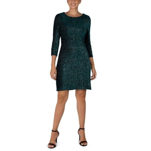 NWT Julia Jordan Black‎ Velvet Sequin Sheath Dress 3/4 Sleeve Party Cocktail - Picture 1 of 15